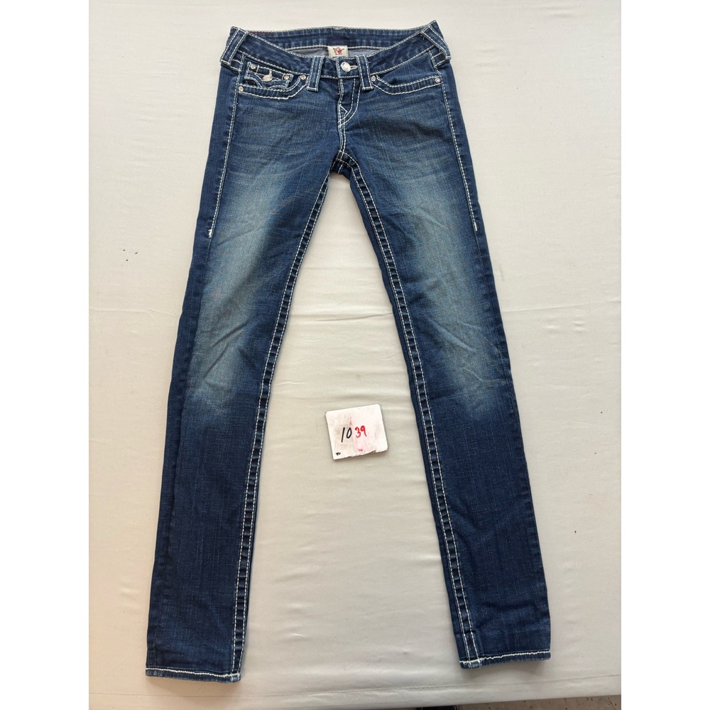 True Religion Skinny Jeans Womens 26 Dark Wash White Stitch Low Rise Made in USA